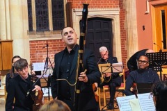 Chris Rawley introducing a period contrabassoon to the audience