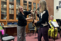 Sarah Thurlow and Fiona Mitchel demonstrating basset horns to students at the Royal Academy of Music